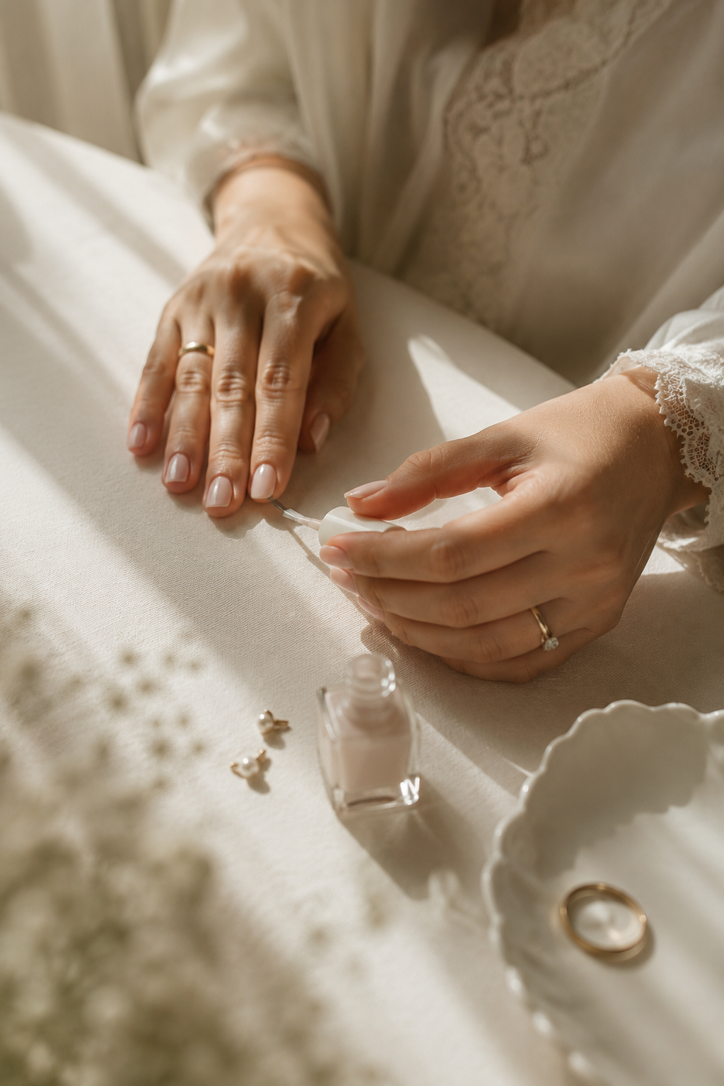 A bride carefully shaping her nails as part of her gentle pre-wedding preparation ritual.