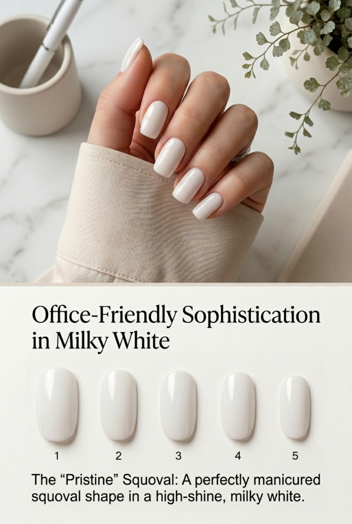 A perfectly manicured, high-shine squoval shape in a creamy milky white, representing the definition of groomed perfection in our collection of milky white nail ideas.