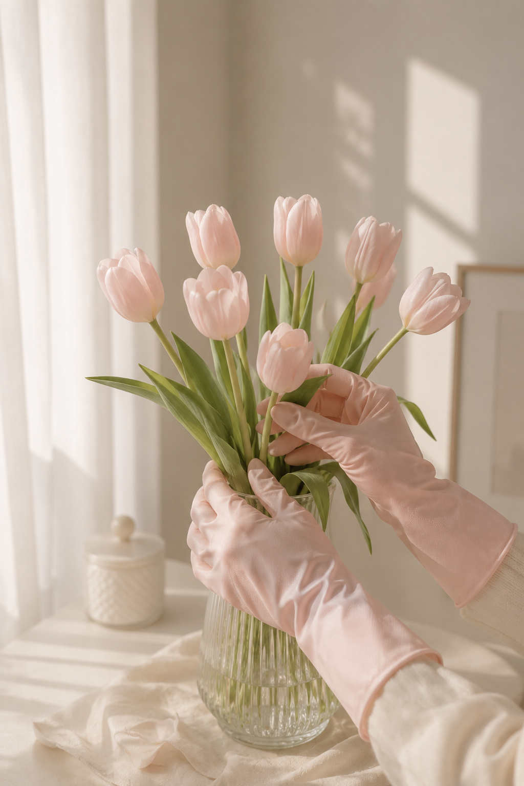 A bride wearing protective gloves while arranging flowers, demonstrating how to keep hands safe during wedding preparations.