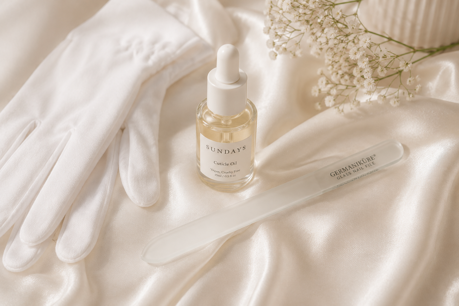 An elegant flatlay of nail care tools, including cuticle oil and a glass nail file for a professional bridal hand care routine.