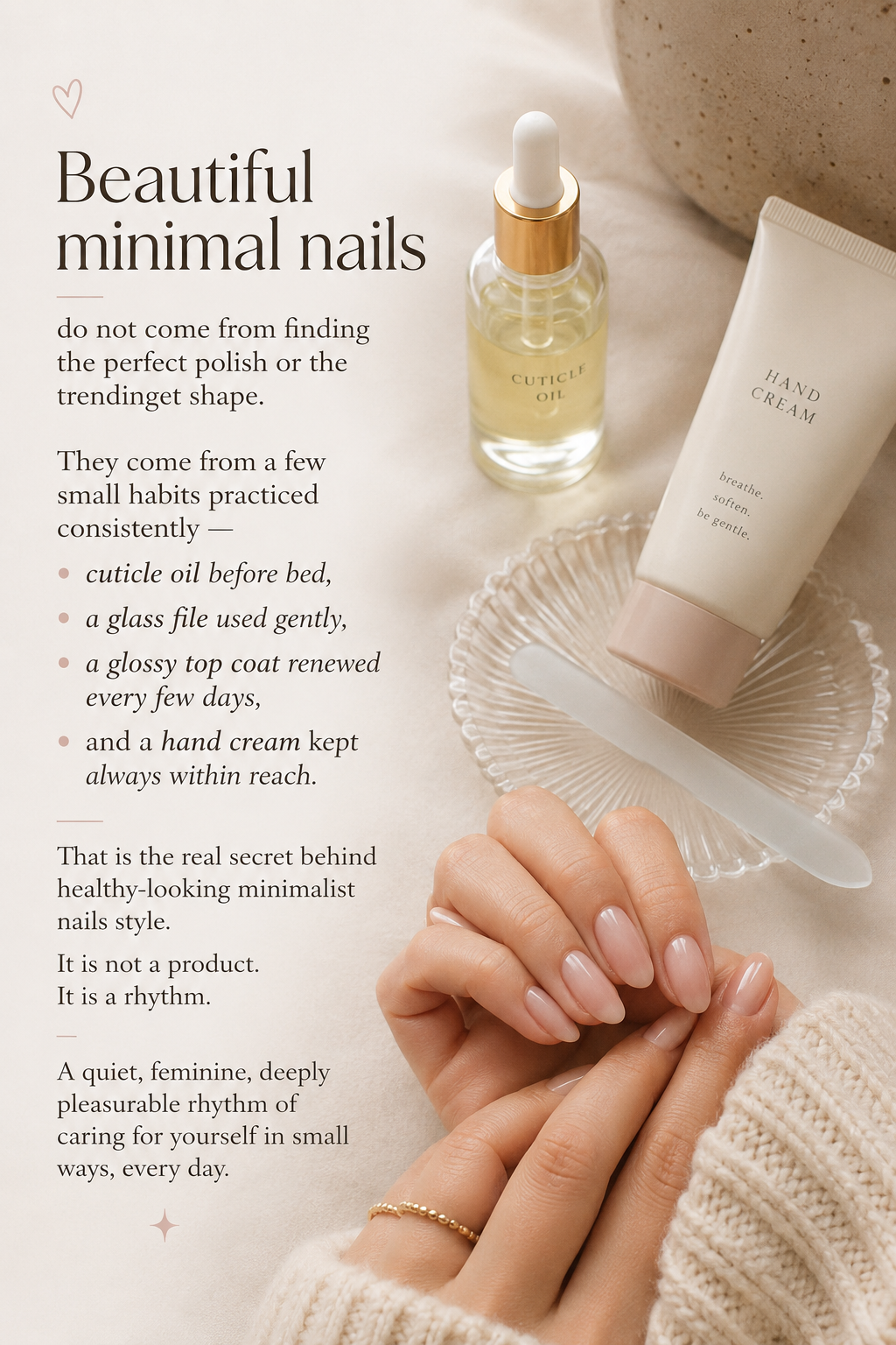 Minimal nail care ritual featuring nourishing hand cream and cuticle oil for naturally healthy, polished nails.
