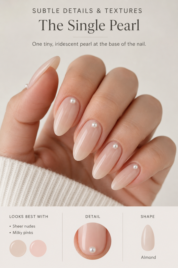 Glossy blush pink almond nails adorned with a single pearl accent, offering a refined bridal-inspired manicure design.