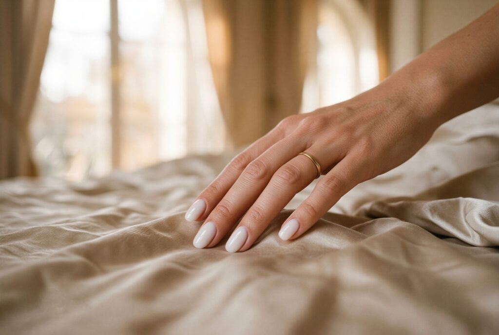 A close-up shot of a hand with sheer, luminous Milky White Nail Ideas and a simple gold ring resting gently on a soft, rippled cashmere textile in a sun-drenched minimalist bedroom, capturing the feeling of effortless elegance and morning serenity.