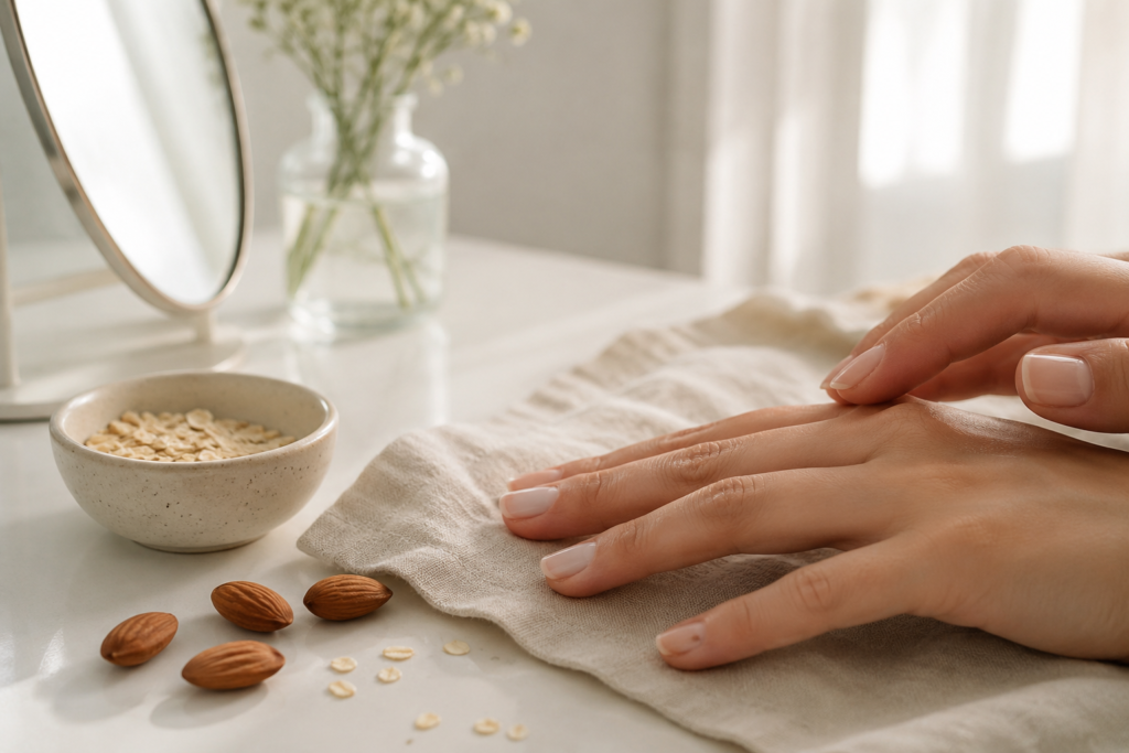 A gentle scene showing hands with peeling nails on a linen cloth with healthy snacks, illustrating why you need to know how to fix peeling nails.