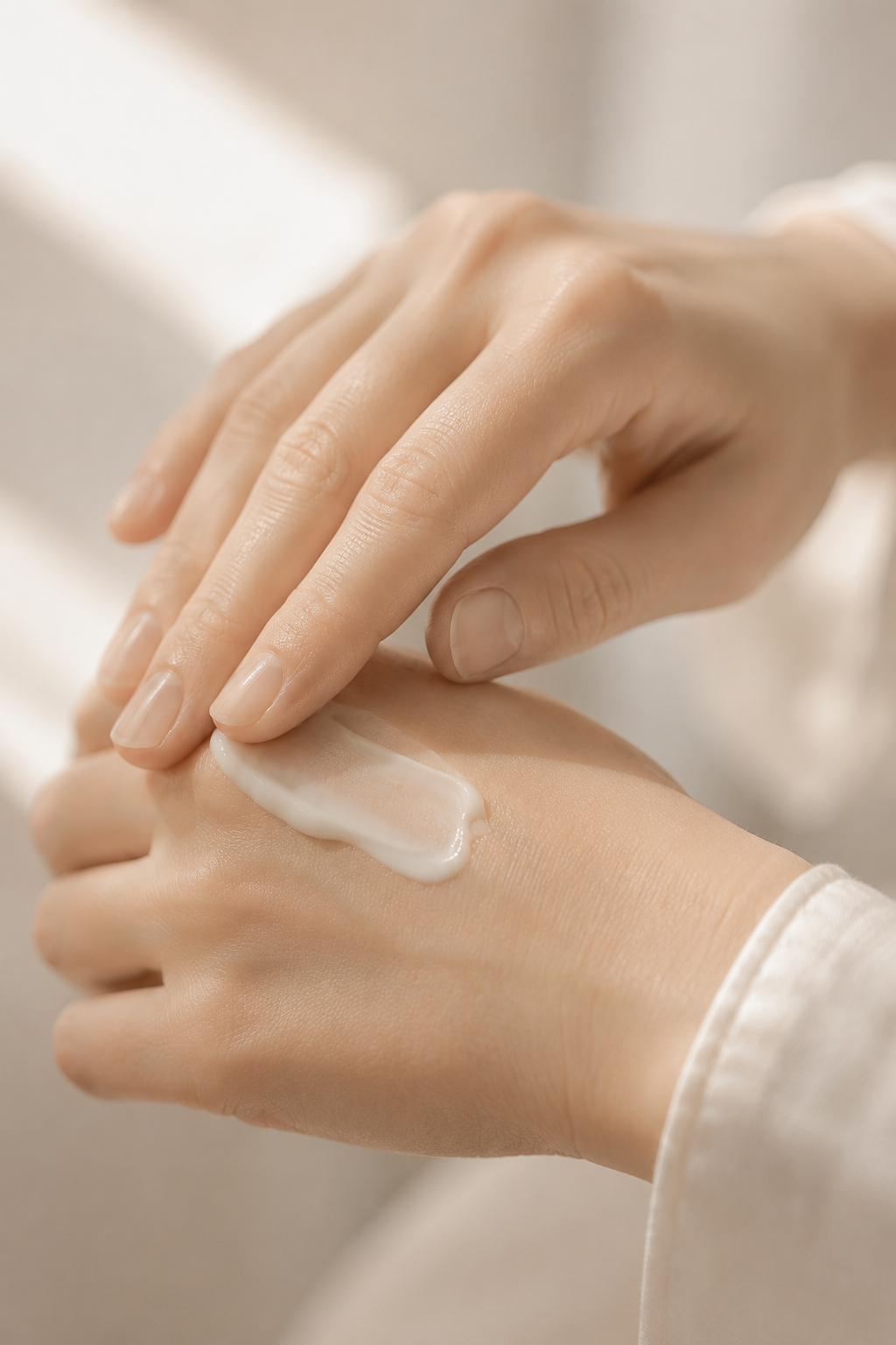 Close-up of applying rich moisturizer to hands, an essential step in any effective bridal hand care routine.