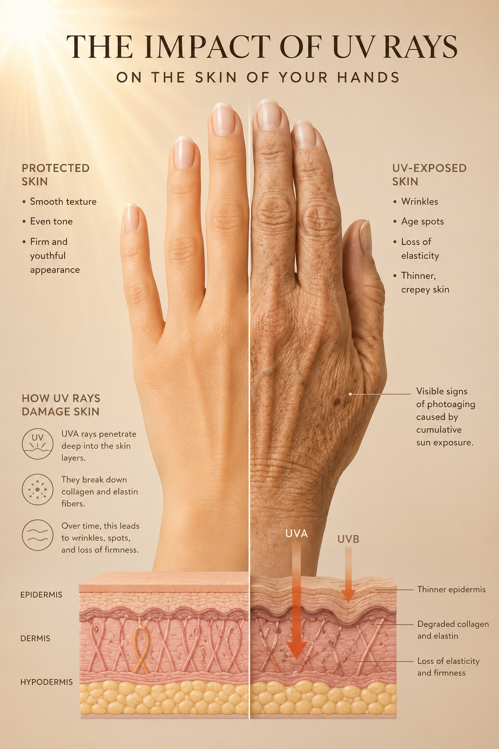 Summer Hand Care educational infographic showing the impact of sunlight and UV exposure on hand skin aging.