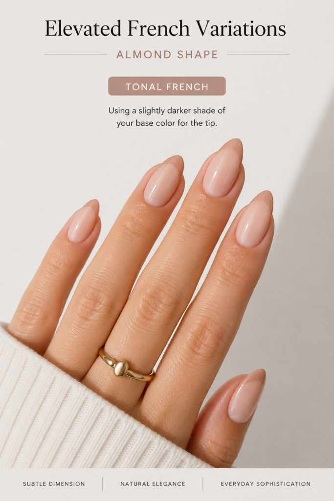 Elegant almond nails showcasing a tonal French manicure with nude and ivory gradients, creating a clean and sophisticated finish.
