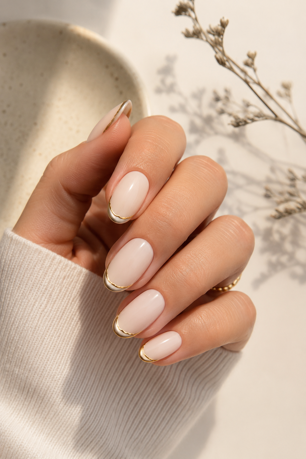 Neutral nude almond nails with a thin gold accent line creating classy teacher nail ideas.