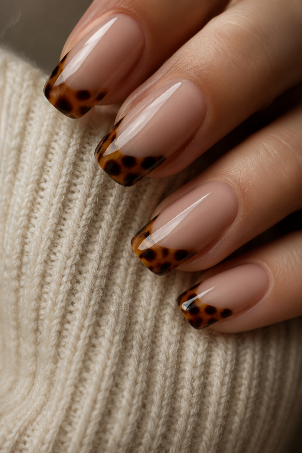  Tortoiseshell French tips nails with amber and caramel marbling on a sheer nude base, resting against a cream knit sweater for a fall manicure look.