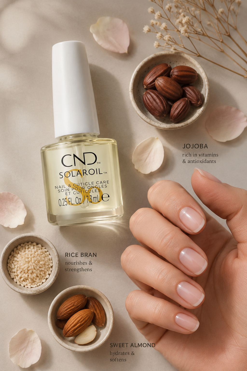 Flat lay of the best cuticle oils featuring natural ingredients like almond and jojoba for healthy, elegant nails.