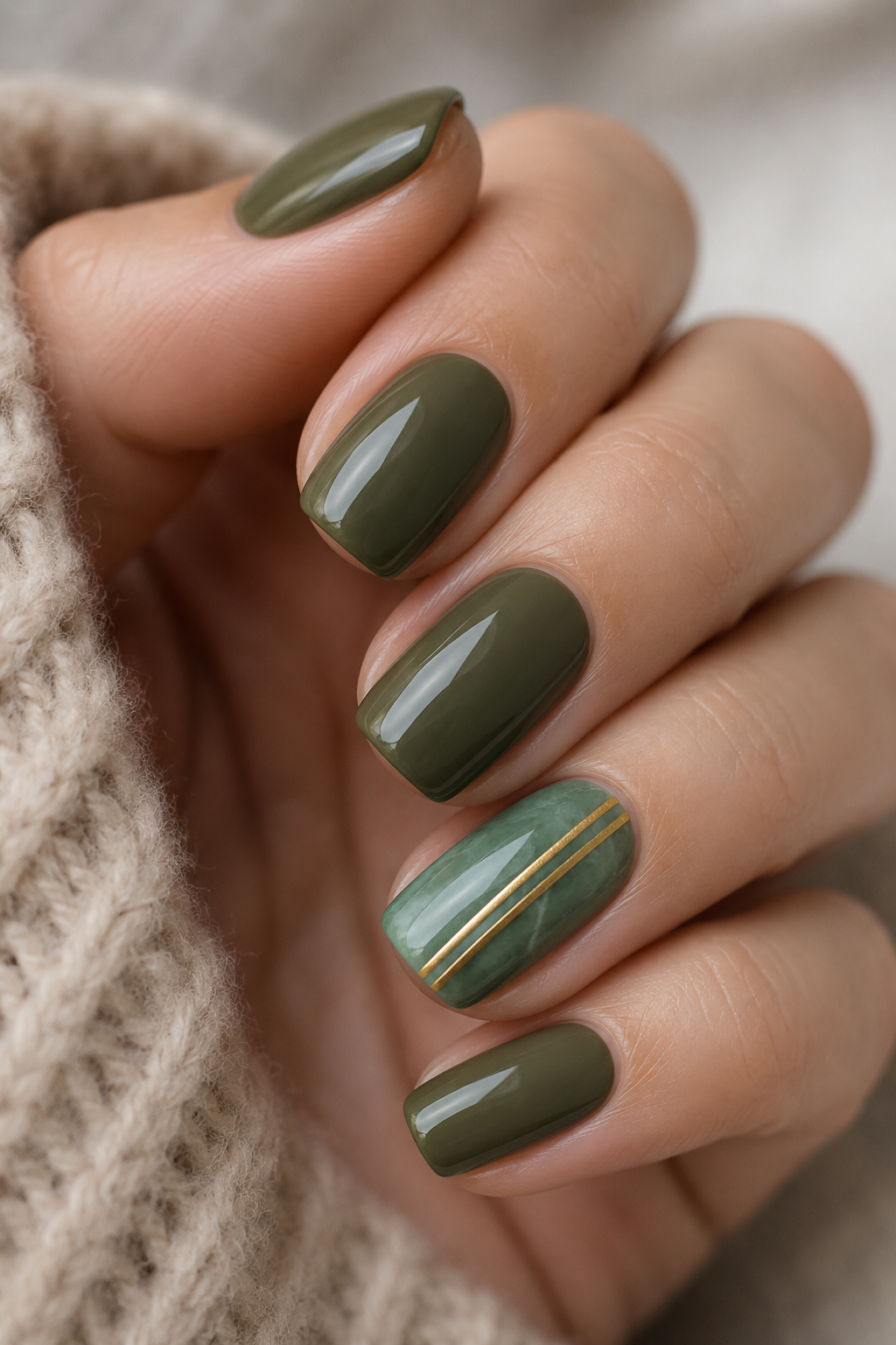 Glossy jade green nails with a rich muted finish, creating a cozy chic manicure perfect for autumn styling.
