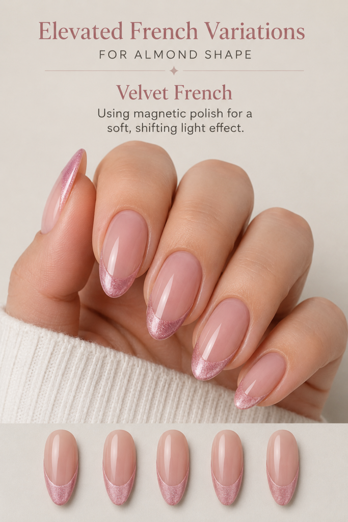 Elegant almond nails featuring a soft velvet French manicure with sheer pink tones and a subtle magnetic shimmer for a refined feminine look.