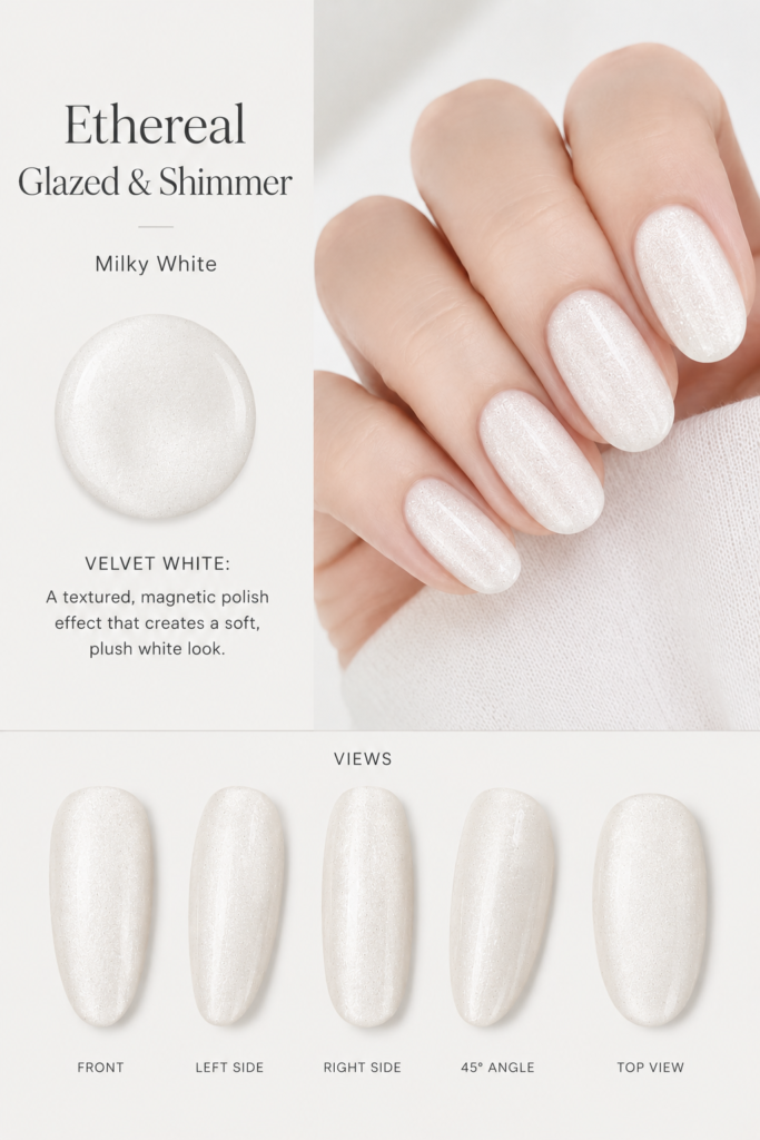 A close-up of a plush, velvet-like magnetic finish on a milky white base, showcasing one of the most textured and multidimensional milky white nail ideas for a soft, opulent look.