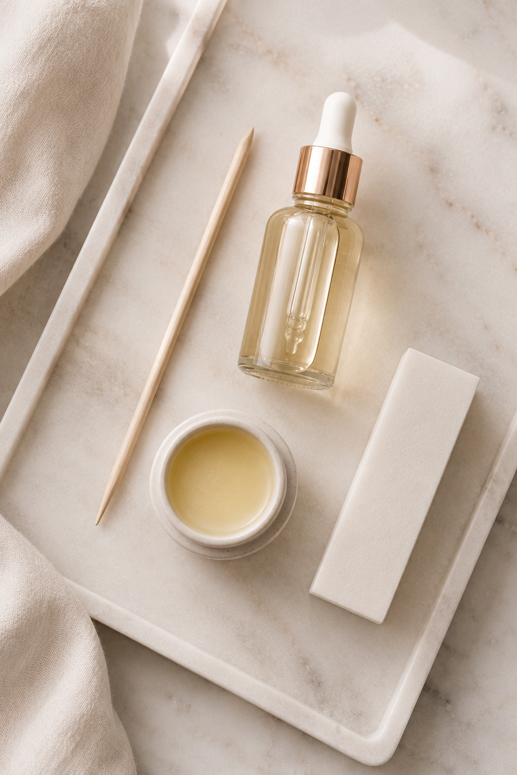 Flat lay of cuticle care tools including a wooden cuticle pusher, cuticle balm tin, and small dropper bottle arranged on a white marble tray 