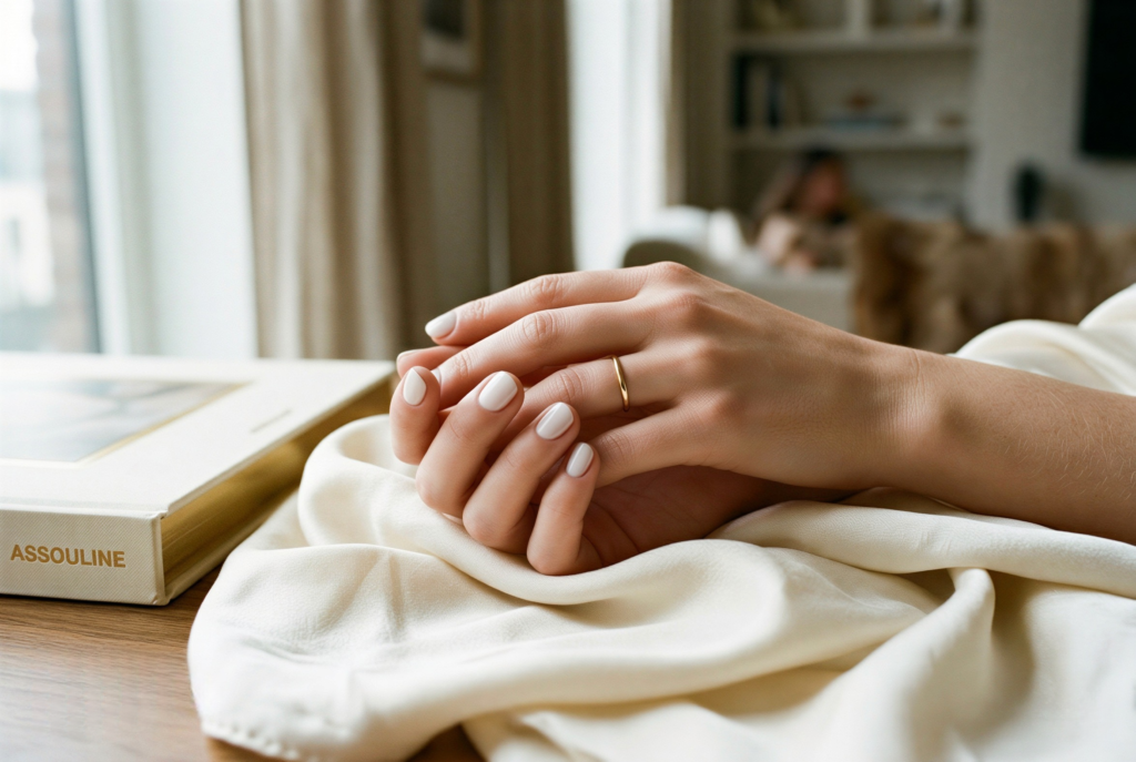 An elegant close-up of two well-groomed hands with Milky White Nail Ideas and a delicate gold band, intertwined over a luxury art book with clear typography on a cream silk textile, illustrating a sophisticated aesthetic of quiet luxury.