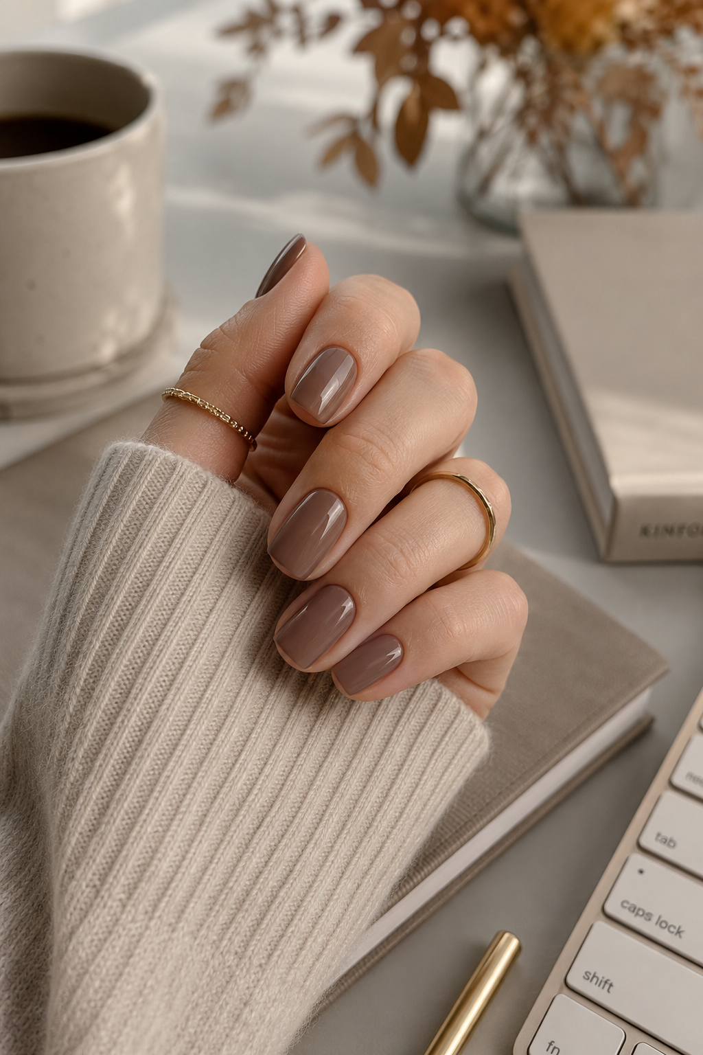 Barely-there cocoa squoval nails with a natural glossy finish and Professional Manicure aesthetic.
