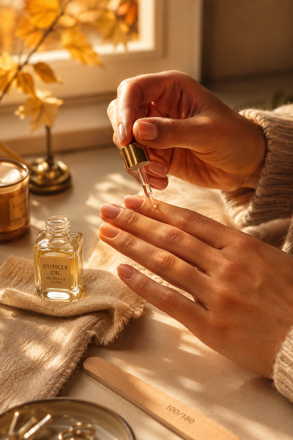 Close-up of a woman applying cuticle oil during a fall nail care ritual — a quiet luxury manicure preparation.