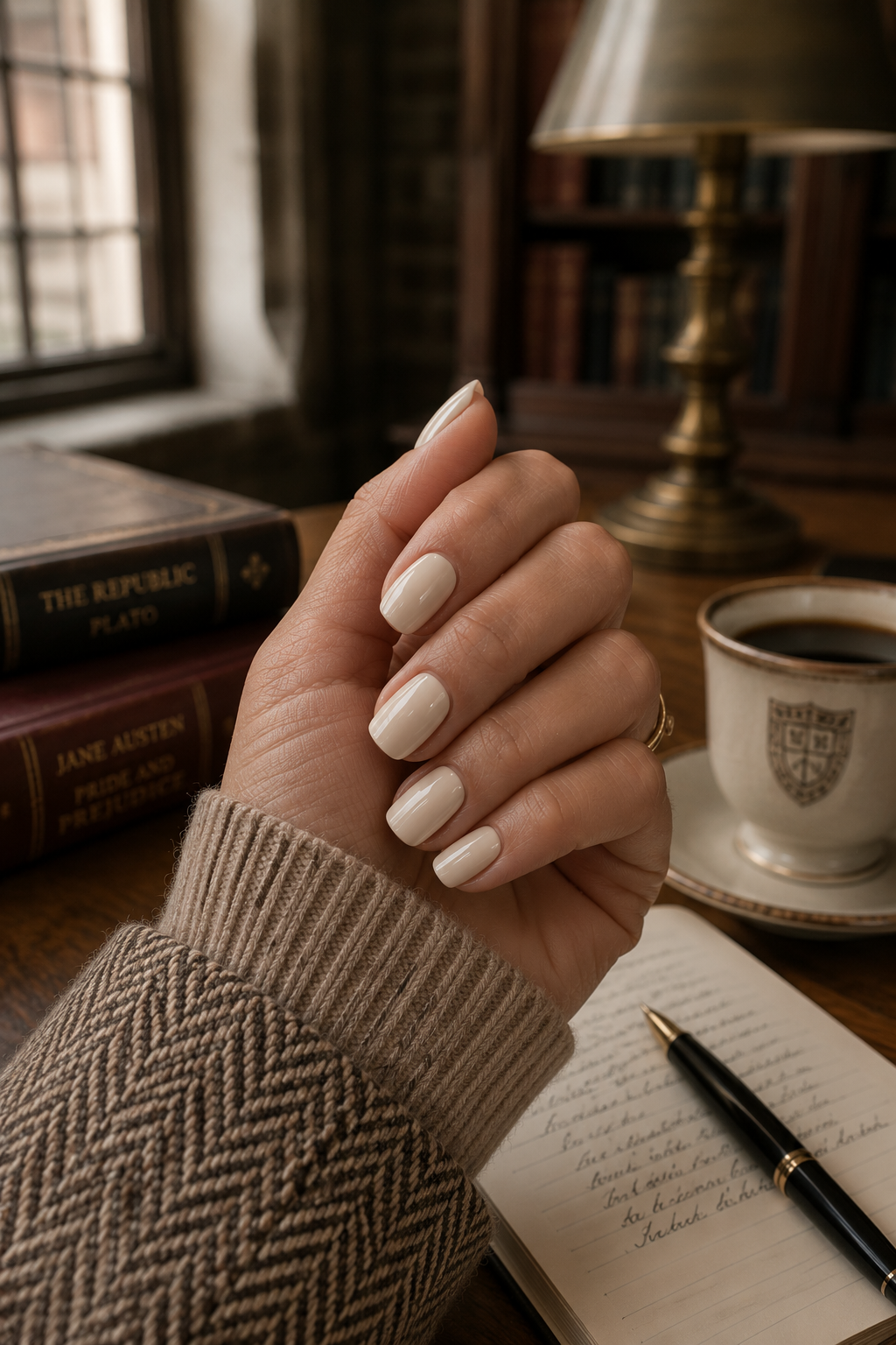 Glossy antique cream manicure with almond nails inspired by Clean Girl Nails and teacher nails.