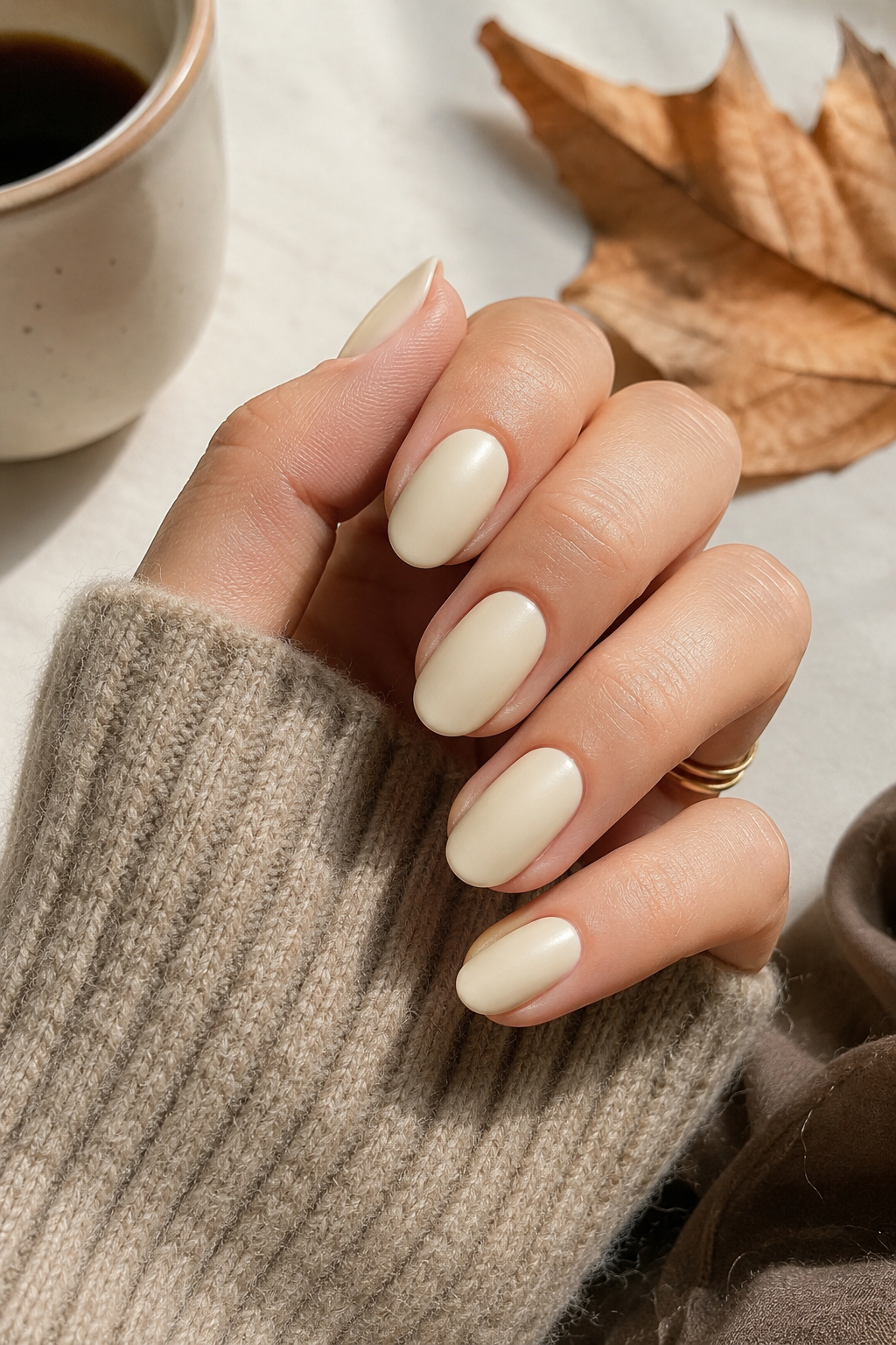 Soft antique cream satin manicure on almond nails with a clean minimalist look for teacher nails.