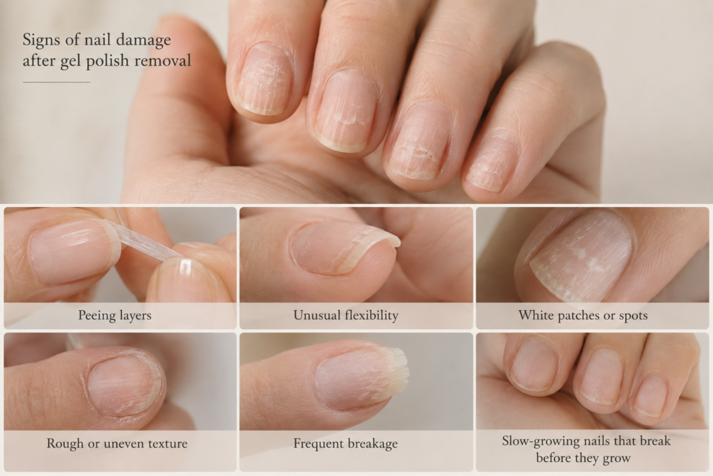 Common signs of nail damage after gel removal, including peeling, splitting, rough texture, and white patches