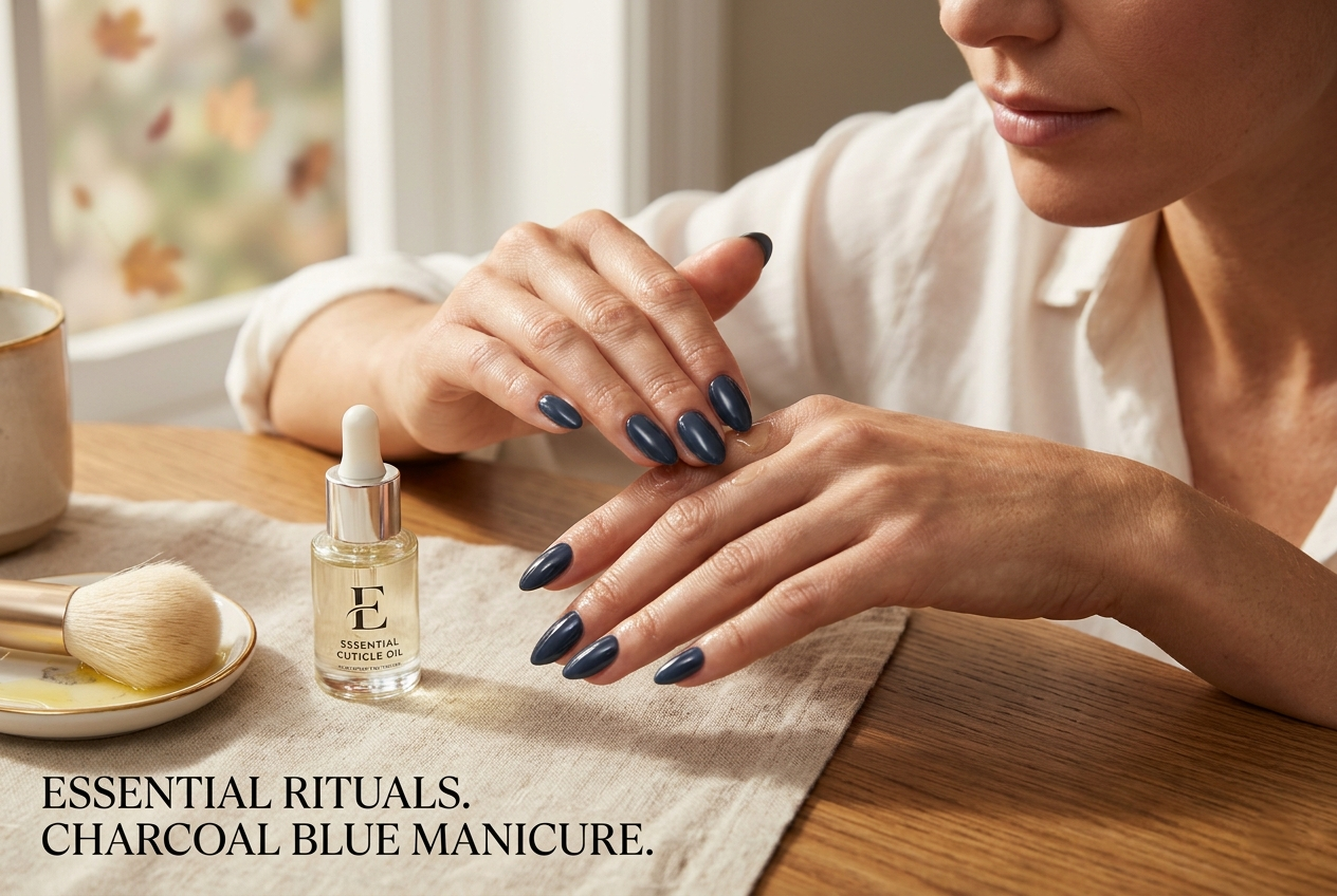 Polished, healthy-looking hands that feel like an extension of you, not a trend you are chasing. Glossy, monochromatic charcoal blue almond-shaped nails are being maintained with essential oils.