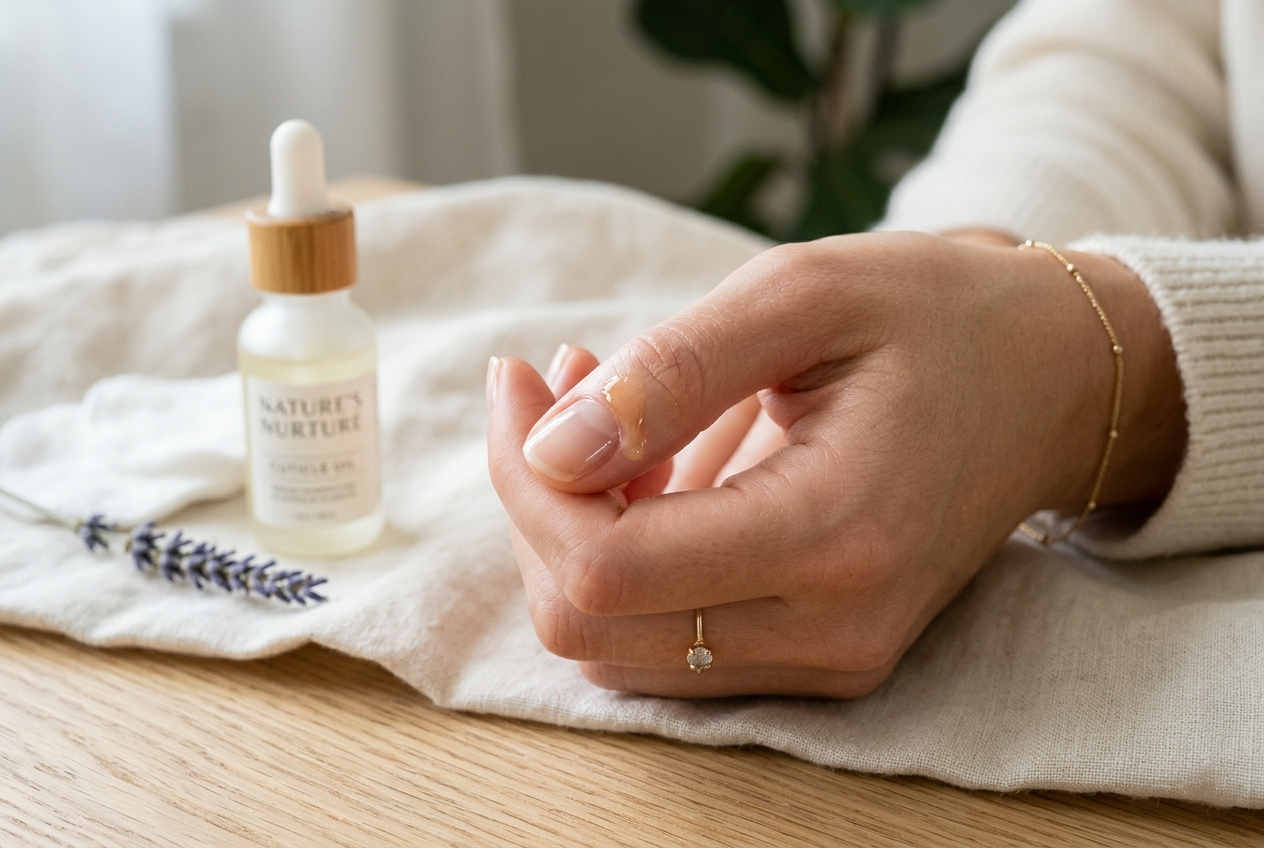 Applying hydrating cuticle oil, one of my favorite minimalist nail care essentials, for healthy and soft-looking nails.