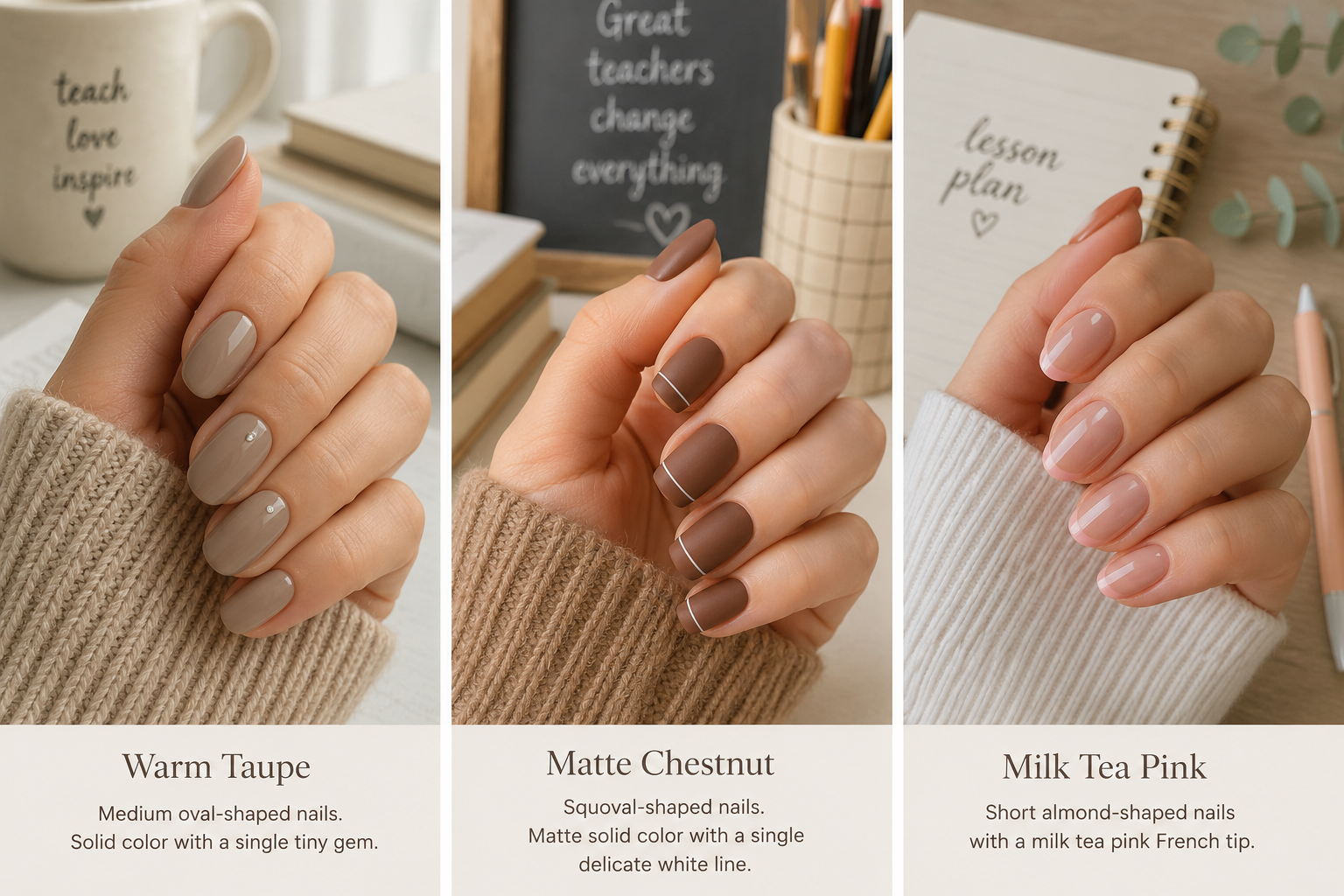 Collage of elevated teacher nails featuring warm taupe, chestnut, and soft pink neutral manicures.