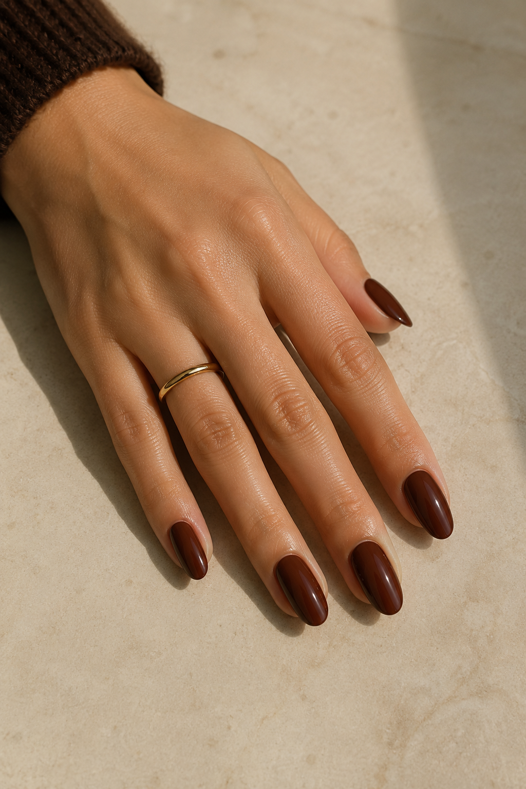 Close-up of espresso brown nails with a glossy finish on almond-shaped nails, warm natural light.