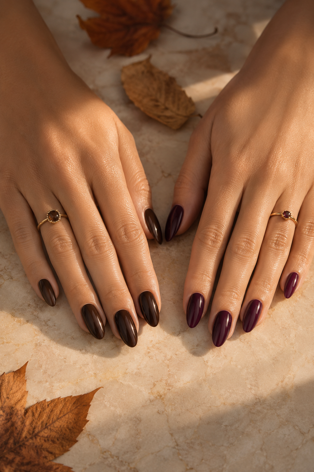 Side-by-side comparison of espresso brown nails and deep plum nails on well-groomed hands, fall nail color decision guide.