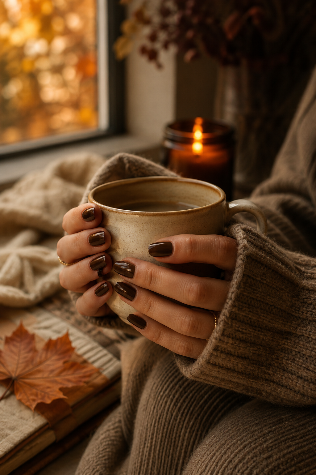 Woman with espresso brown nails holding a warm ceramic mug by an autumn window — a quiet luxury fall manicure lifestyle image.
