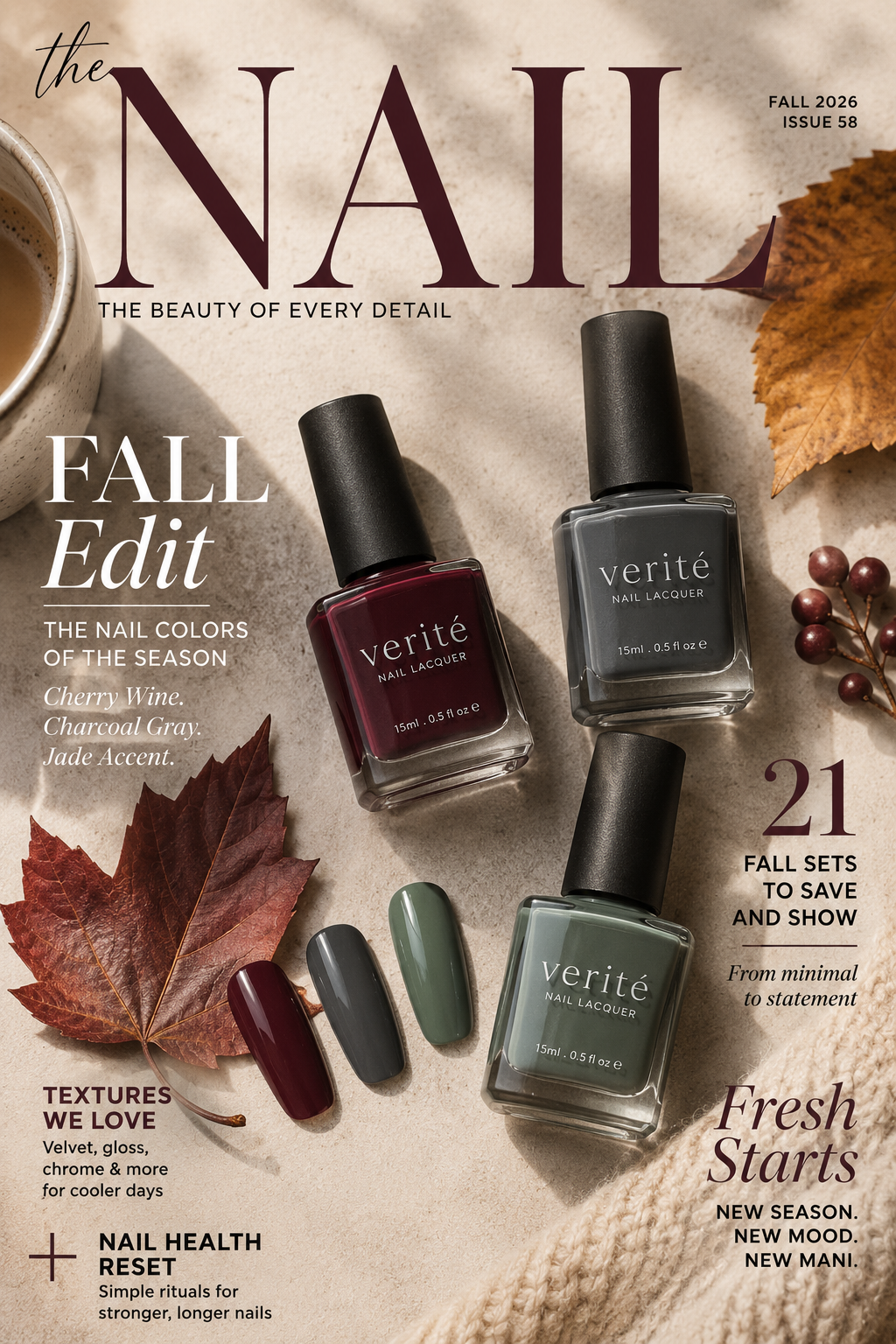 A flatlay of fall 2026 nail colors including cherry wine, charcoal gray, and jade accent polish.