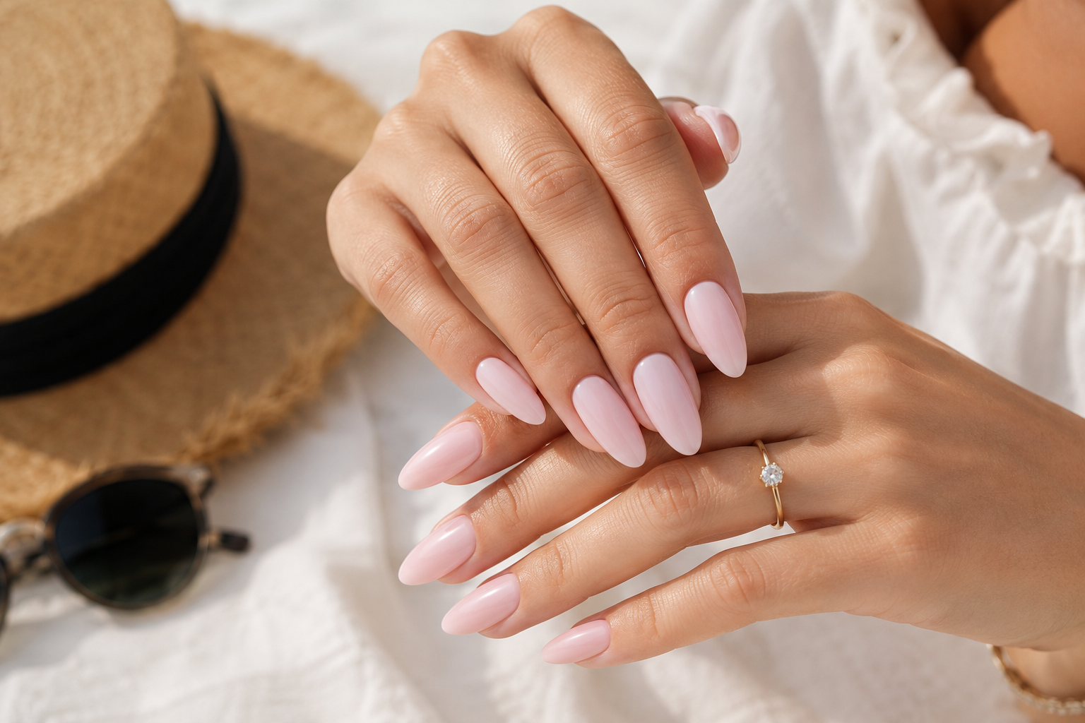Elegant summer nails ideas featuring glossy milky pink almond nails on well-maintained hands with soft natural lighting.