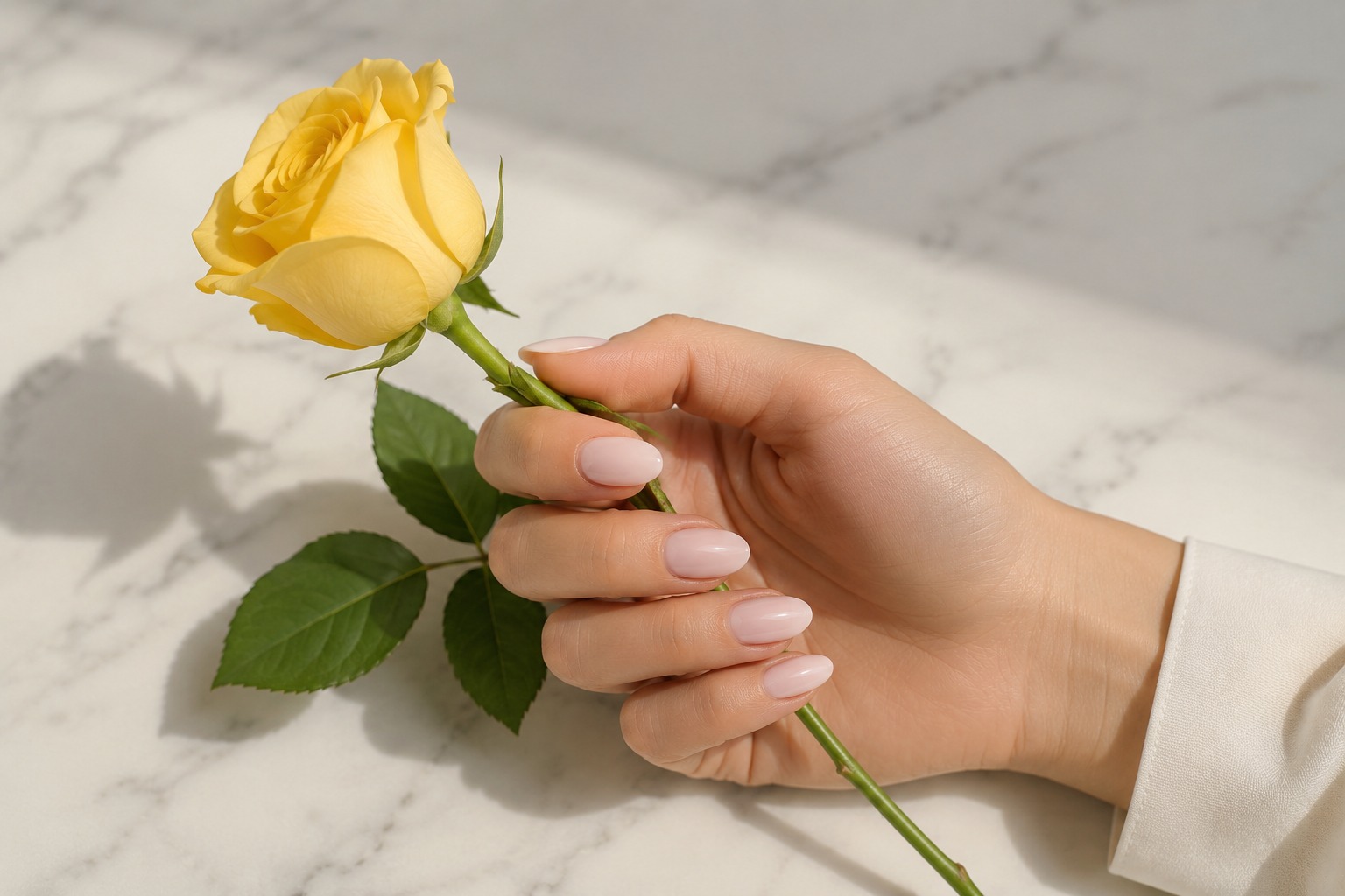 Soft nude manicure holding a yellow rose, featuring Healthy-Looking Minimalist Nails with a clean, feminine, and effortless aesthetic.