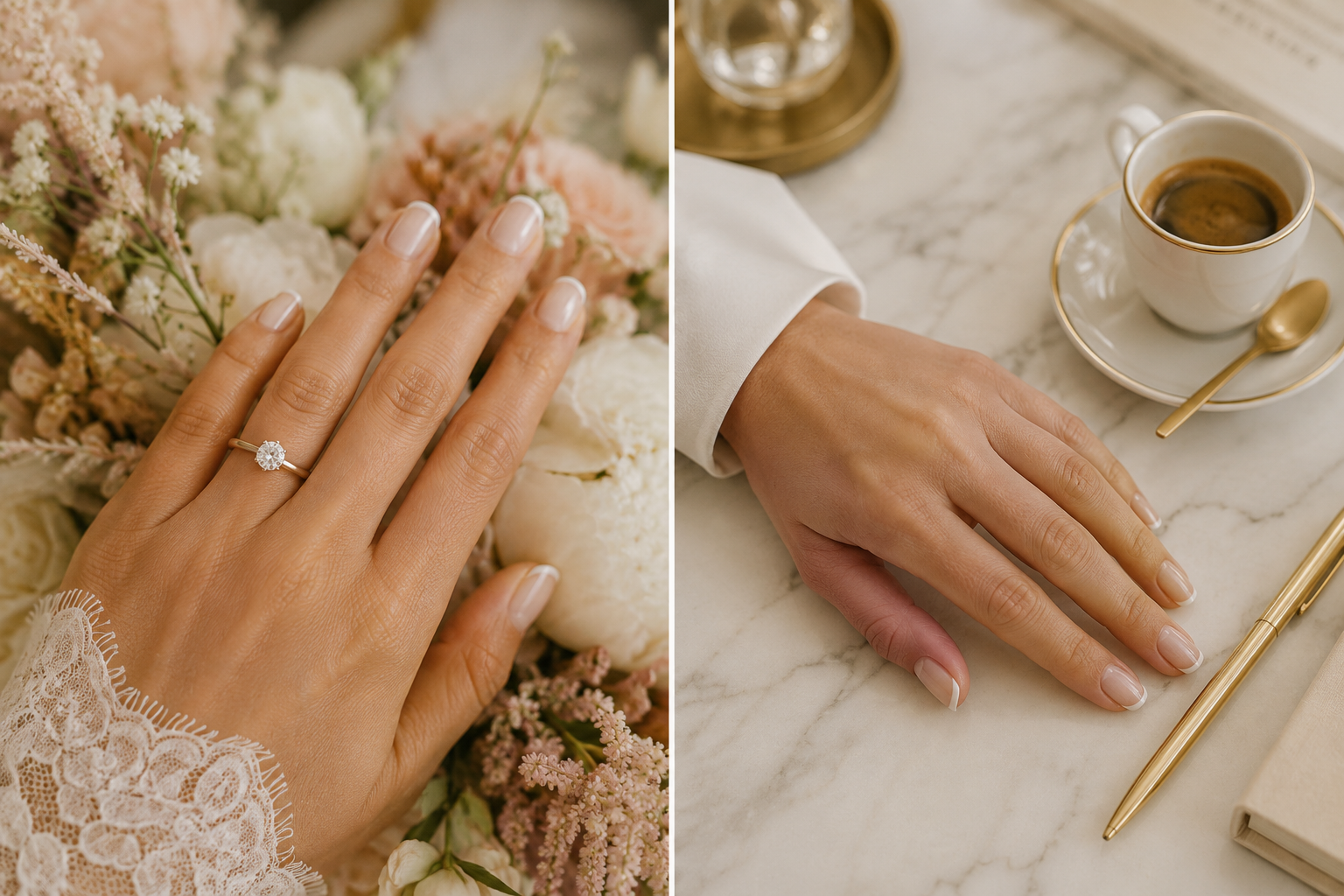 Split image of micro french manicure styled two ways — bridal with diamond ring on the left, minimalist office look on the right