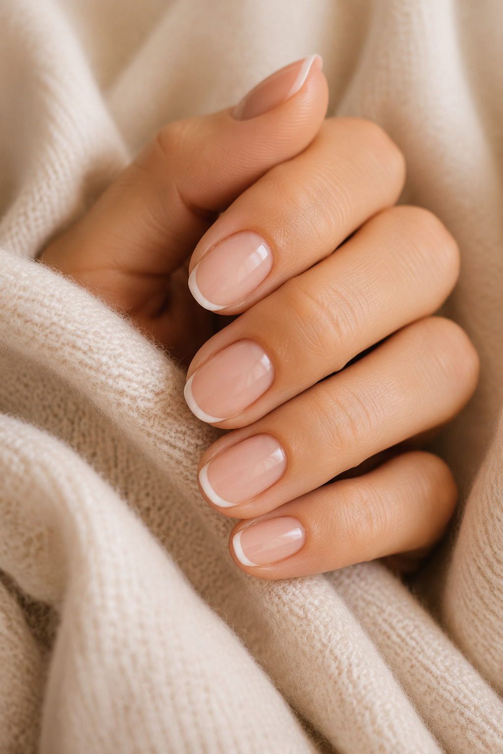 Close-up of micro french manicure with ultra-thin white tips and sheer blush base on oval nails, resting on cream cashmere 
