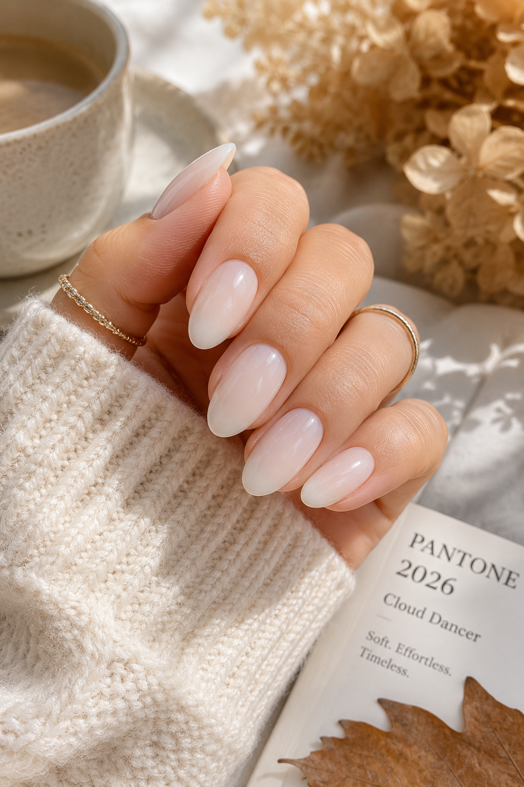 Smooth, milky white cloud dancer nails that offer a perfect example of minimalist quiet luxury nail polish.