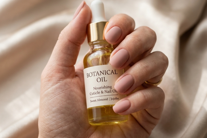 Hand holding a premium bottle of the best cuticle oil against a soft satin background, embodying a refined nail care ritual.