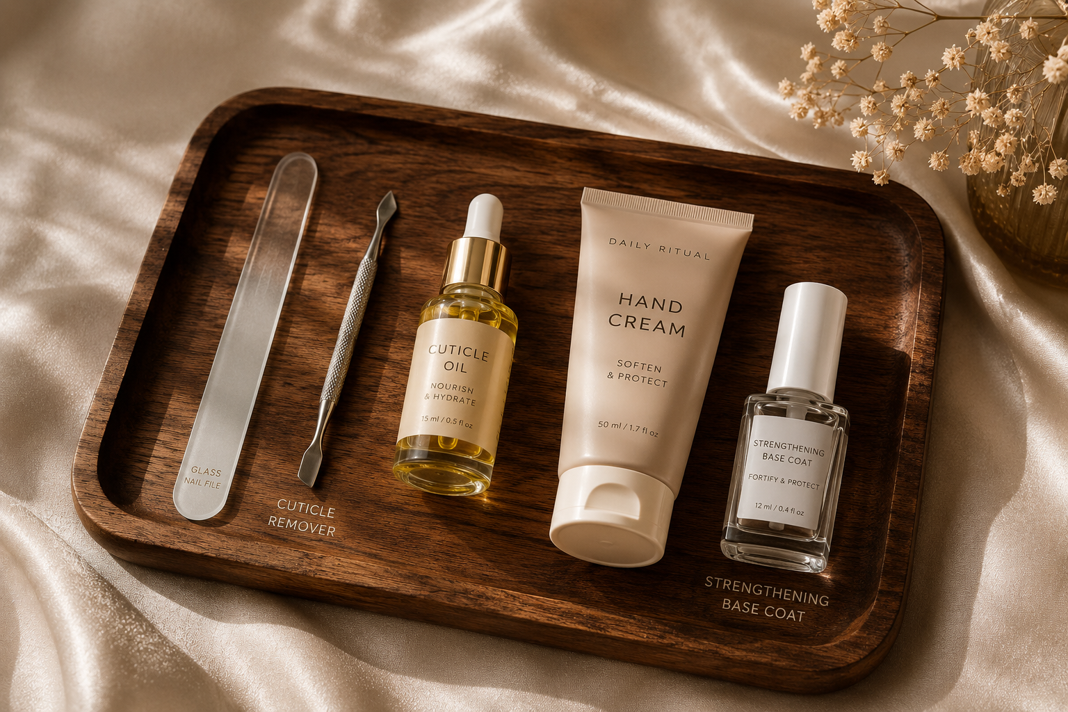 Essential nail care products including cuticle oil, hand cream, and nail tools for a complete daily nail care routine.
