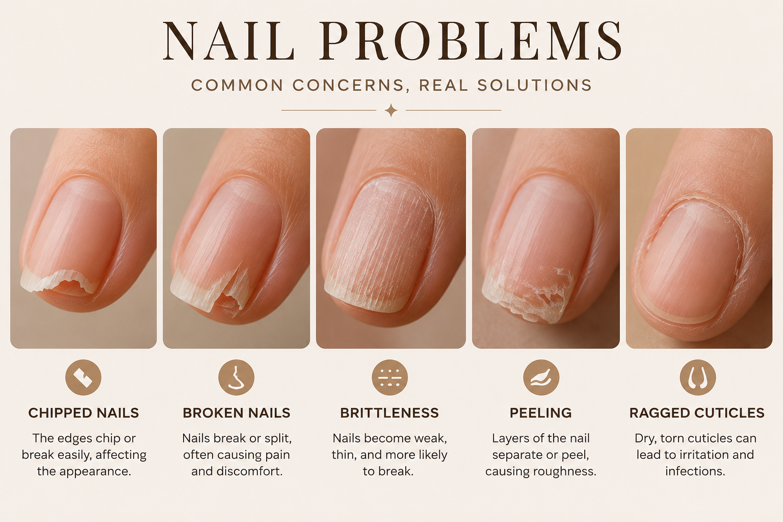 Common nail problems including peeling, brittle nails, dry cuticles, and ridges with visual examples.