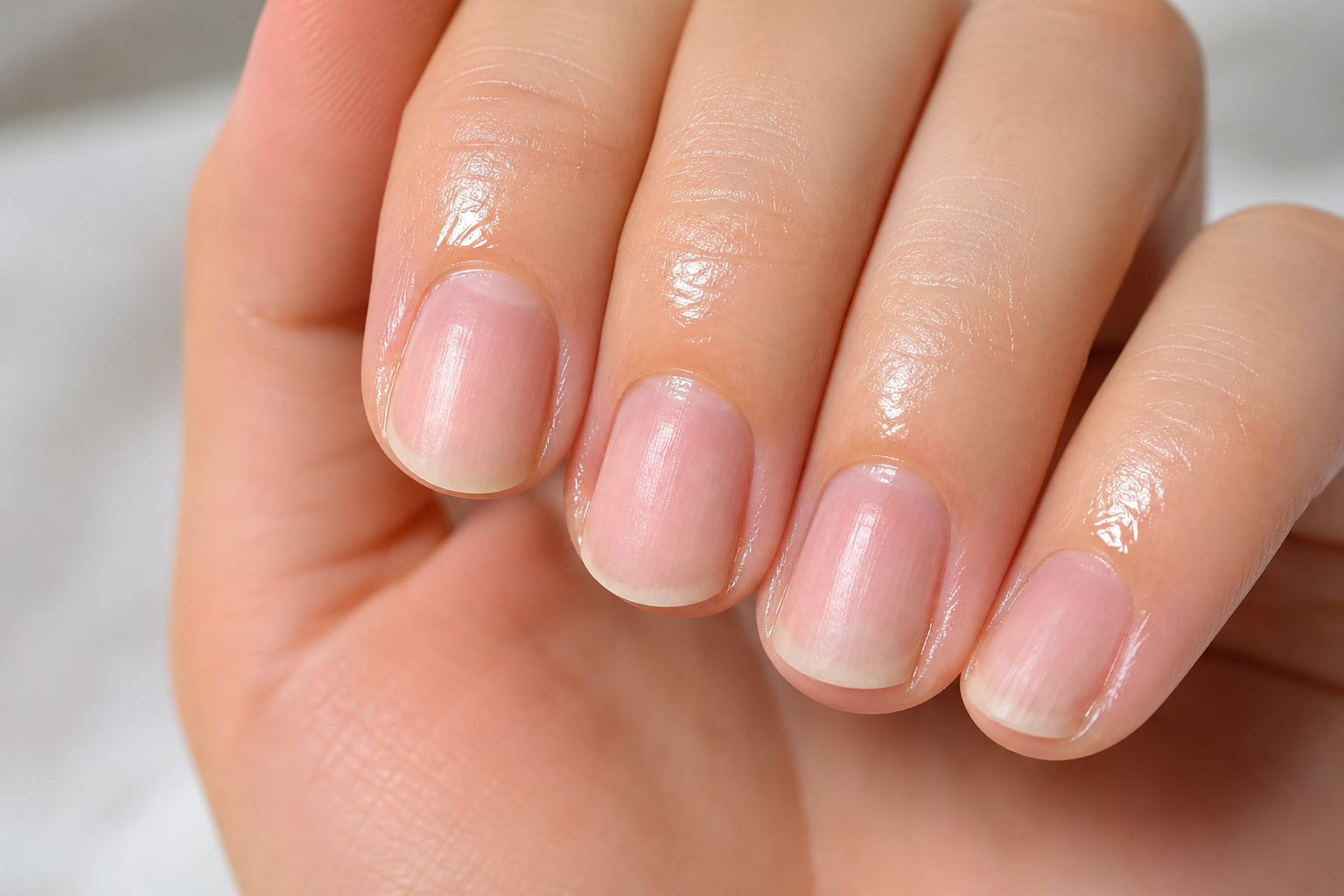 Close-up of short, healthy natural nails during nail strengthening after gel removal, with nourishing cuticle oil applied.