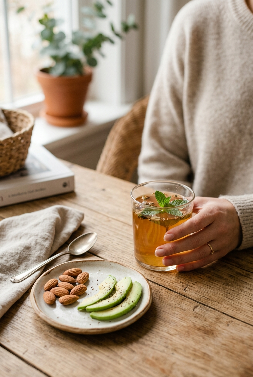 A woman enjoying a healthy herbal drink and snacks, highlighting the importance of nutrition to strengthen weak nails naturally from within.