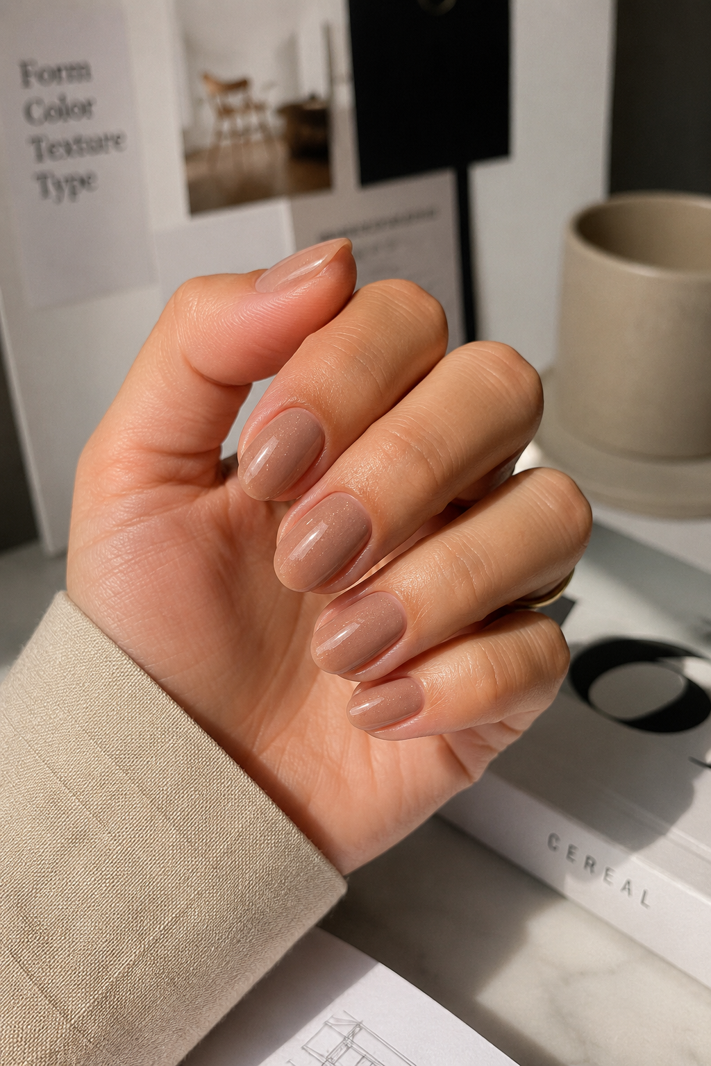Taupe nude manicure on short almond nails creating a refined and professional appearance.