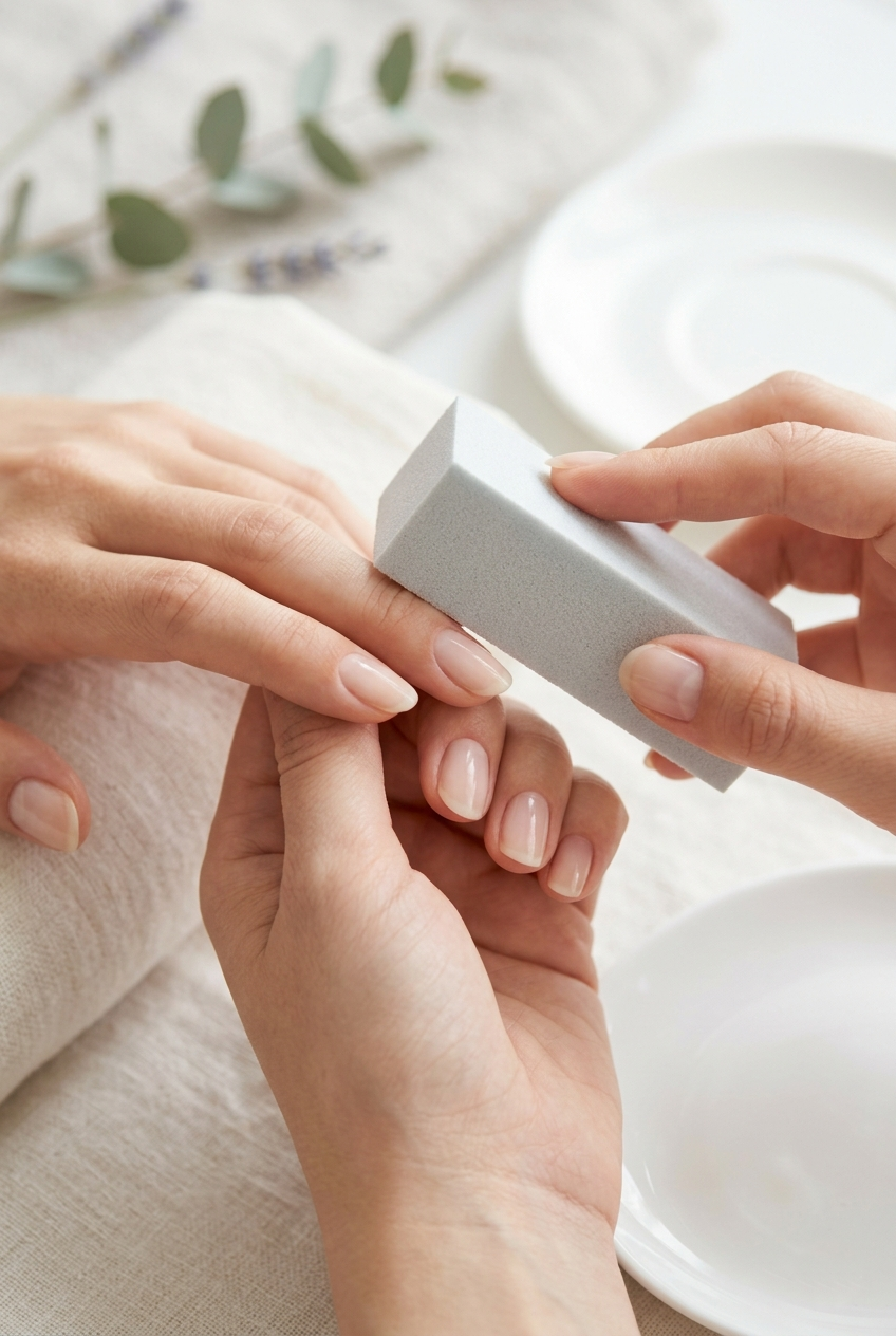 Gentle nail filing and shaping step in a daily nail care routine for healthy natural nails and smooth edges.