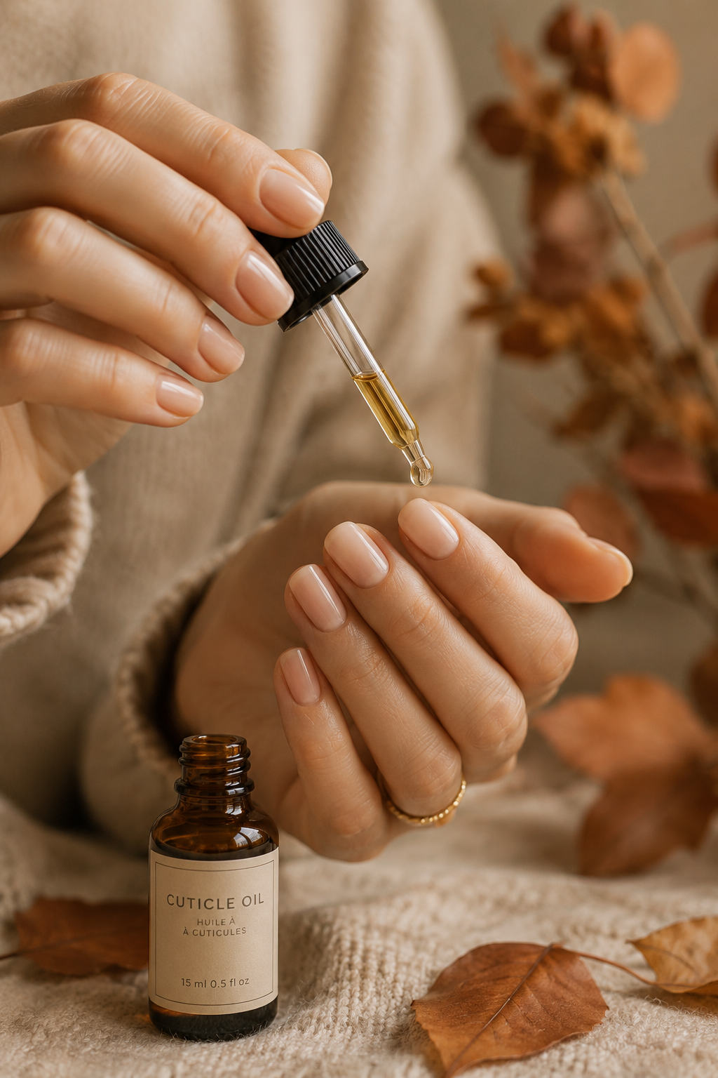 Woman applying cuticle oil to healthy nails as part of an autumn hand care ritual.