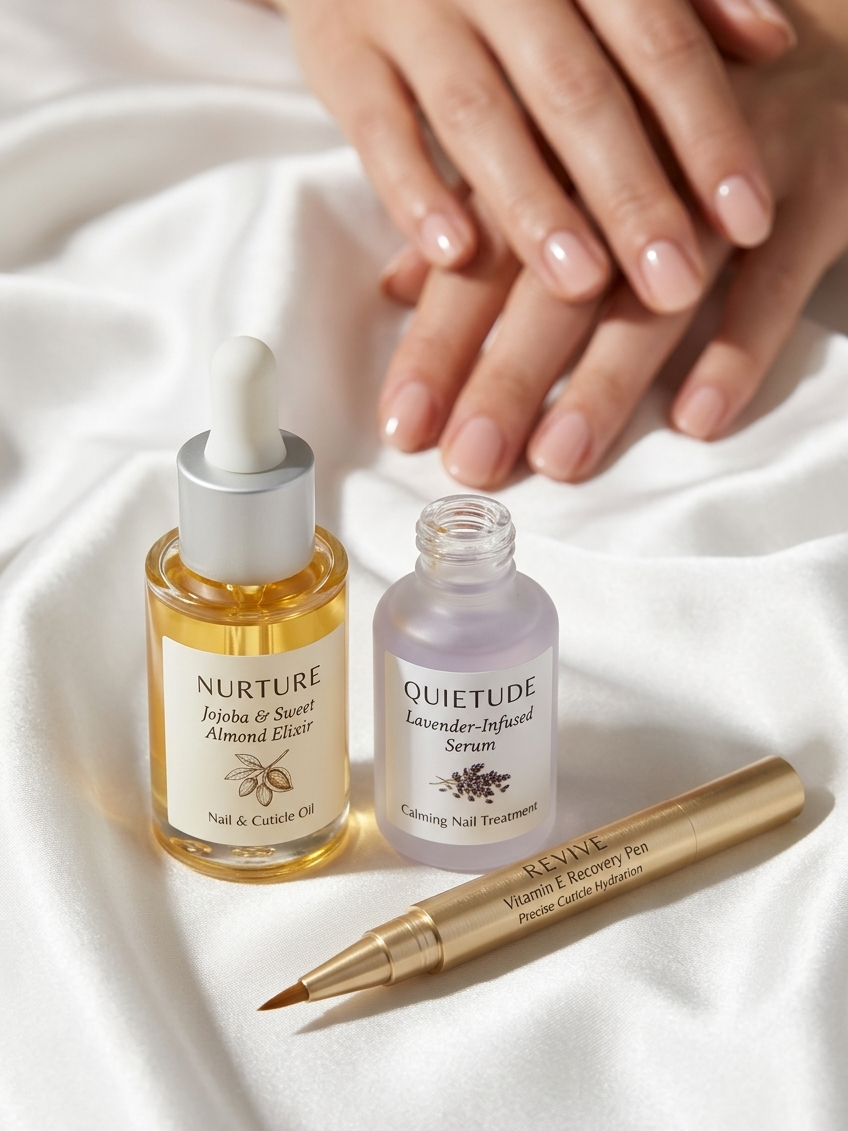 A sophisticated set of the best cuticle oils and luxury nail care tools arranged on a satin cloth.