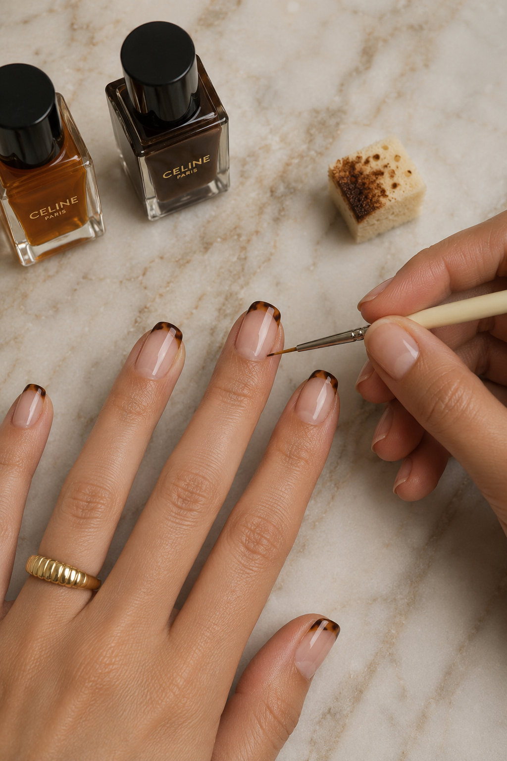 Applying tortoiseshell nail art to a French tip using a fine liner brush on a marble surface, with amber and brown gel polish bottles nearby.