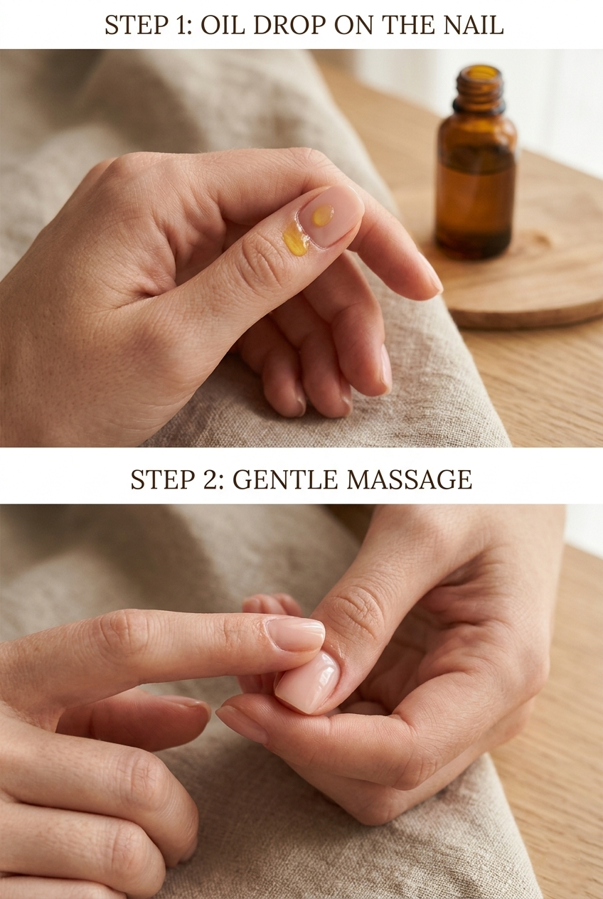 Step-by-step tutorial on how to apply the best cuticle oils: placing a drop on the nail and massaging it in.