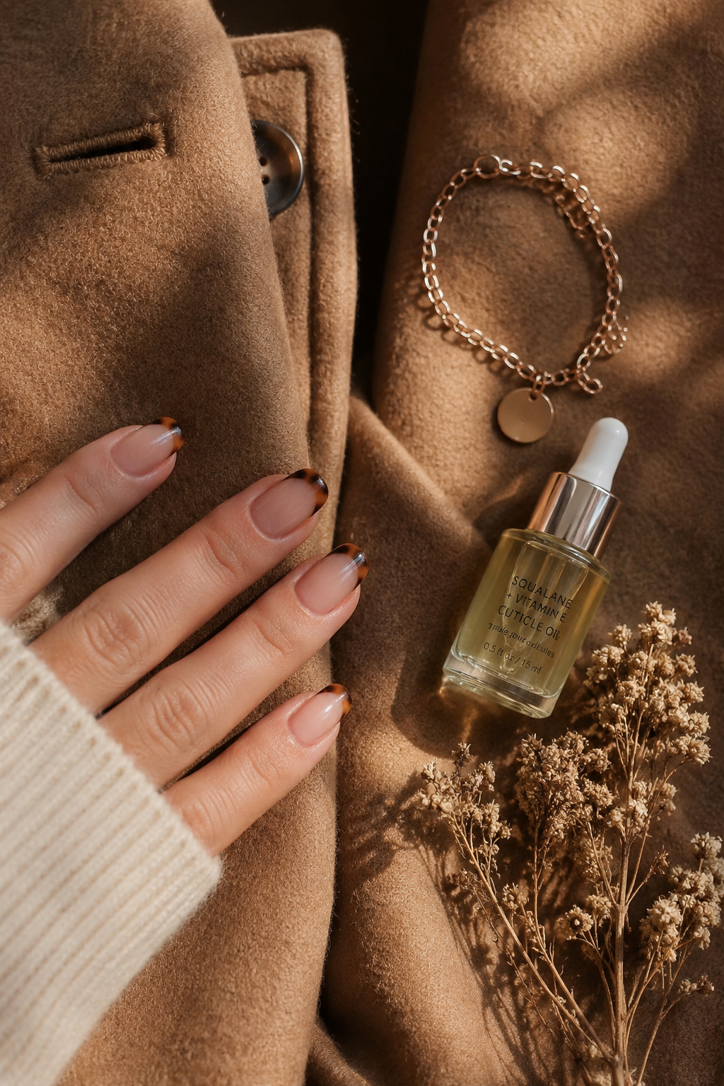 Tortoiseshell French tips nails styled alongside a camel coat, gold bracelet, and cuticle oil in a fall quiet luxury flat lay.
