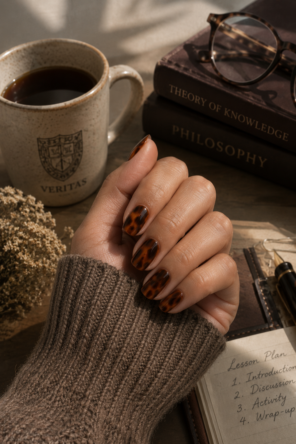 Dark tortoiseshell manicure styled for back to school nails with a cozy autumn aesthetic.