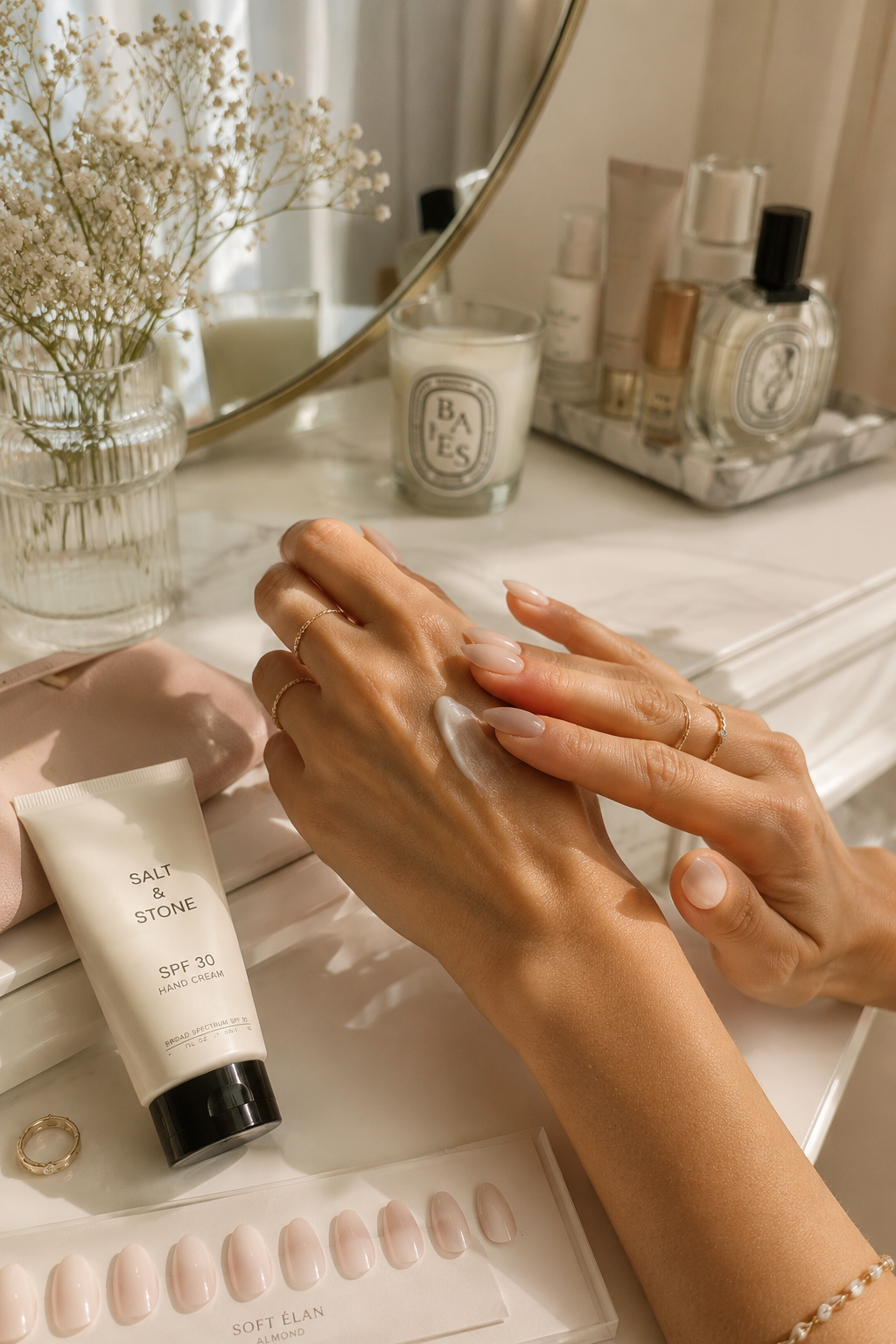 Applying SPF hand cream before an at-home gel manicure to protect the skin.